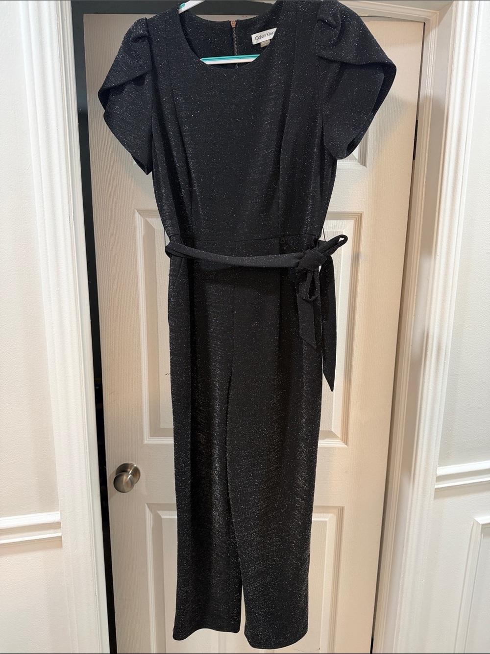 Calvin Klein Black Metallic Midi Dress with Tie Waist